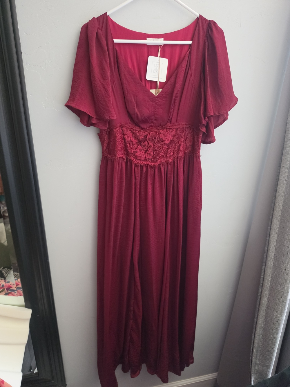 Women’s Midi Dress in Deep Wine Red with Lace Waist